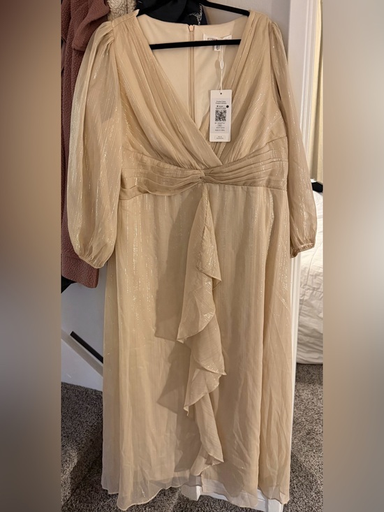 Ever pretty Dresses & Skirts - Ever Pretty, Elegant Champagne Long Sheet Sleeve V-Neck Ruffle Midi Dress